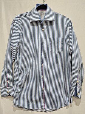 Arnold Zimberg Men's Dress Shirt 15.5 Striped Pink Accent Pocket Button LS